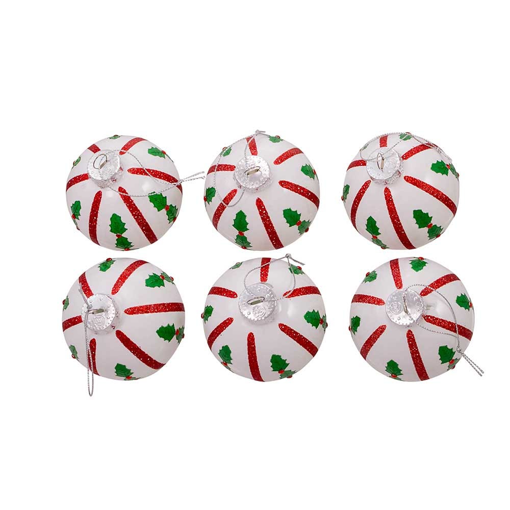 Kurt Adler 80MM Red and White Holly Leaf Glass Ball Ornaments, 6-Piece Set